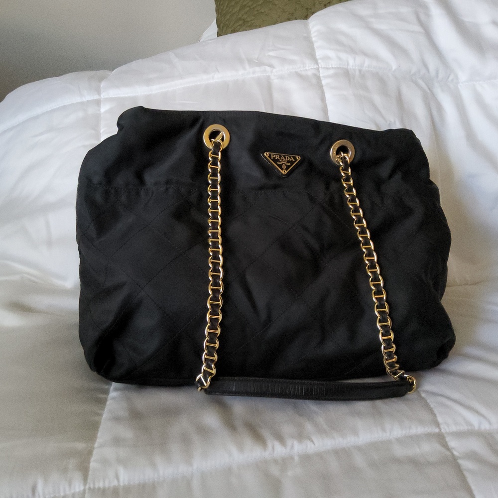 Prada Black Nylon Chain Strap Tote Bag